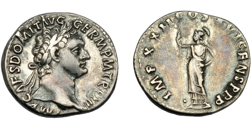 230   -  IMPERIO ROMANO. DOMICIANO. Denario. Roma (93-94 d.C.). A/ Cabeza laureada a der.; IMP CAES DOMIT AVG GERM P M TR P XIII. R/ Minerva a izq. con lanza; IMP XXII COS XVI CENS P P P. AR 3,2 g. 18,4 mm. RIC-738. MBC.