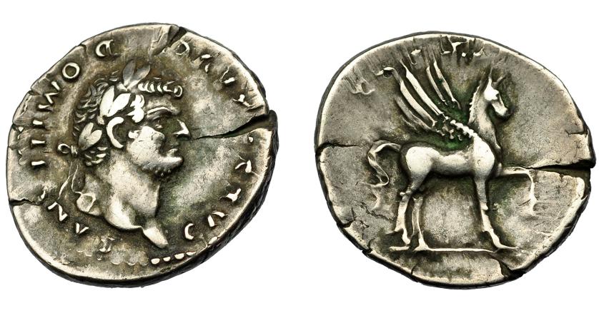 232   -  IMPERIO ROMANO. DOMICIANO. Denario. Roma (76-77 d.C.). R/ Pegaso a der.; COS IIII poco visible. AR 3,2 g. 20,2 mm. RIC-921. Grietas. MBC.