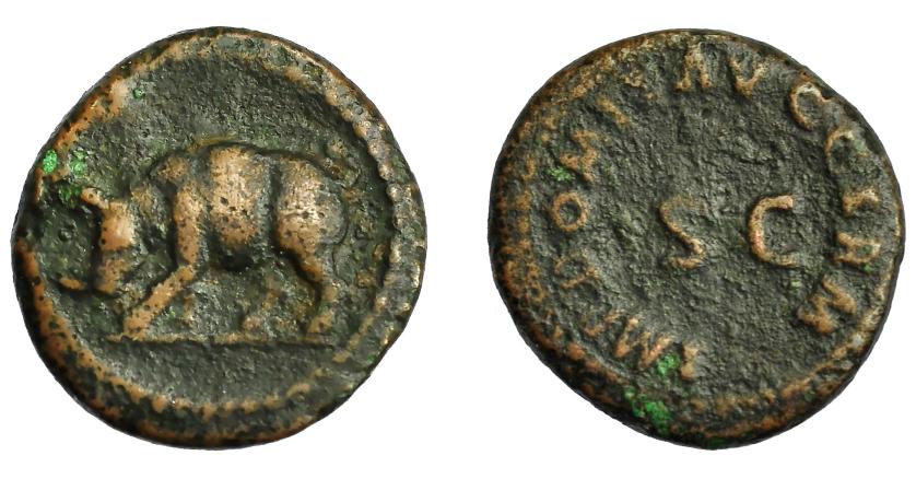 238   -  IMPERIO ROMANO. DOMICIANO. Cuadrante. Roma (84-85 d.C.). A/ Rinoceronte. R/ S C; IMP DOMIT AVG GERM. AE 2,77 g. 30,7 mm. RIC-250. MBC-/BC+.