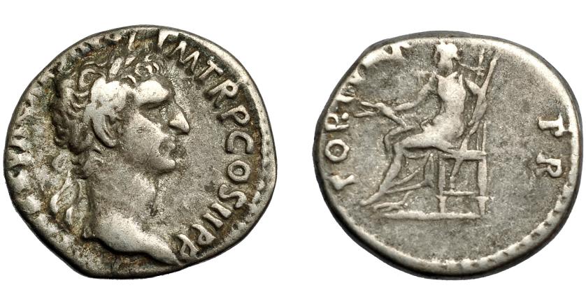 241   -  IMPERIO ROMANO. NERVA. Denario. Roma (97 d.C.). A/ Busto laureado a der. R/ La Fortuna sentada a izq. con espigas y cetro; FORTVNA P.R. AR 3,4 g. 17,1 mm. RIC-17. MBC-. 