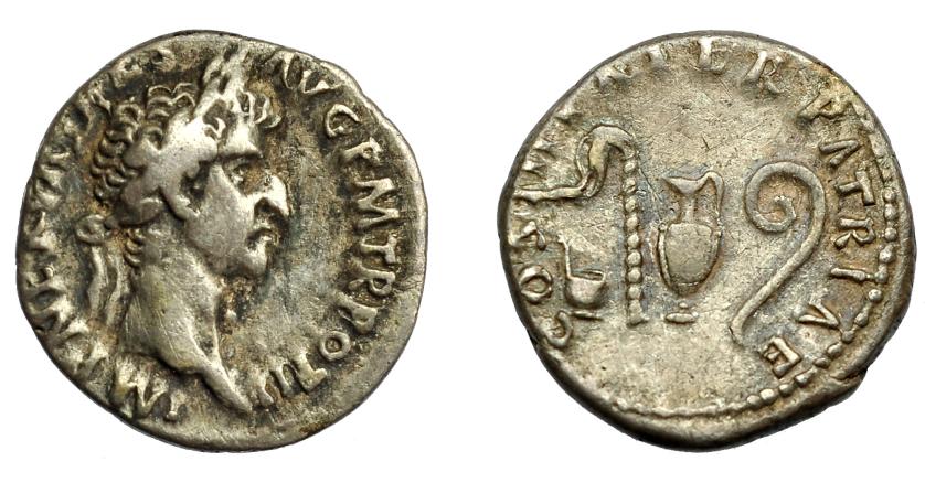 242   -  IMPERIO ROMANO. NERVA. Denario. Roma (97 d.C.). A/ Cabeza laureada a der.; (IMP NERVA CAES) AVG P M TR POT II. R/ Instrumentos sacerdotales; COS III PATER PATRIAE. AR 3,07 g. 31,5 mm. RIC-34. MBC-/MBC.