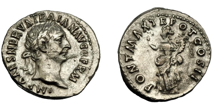 248   -  IMPERIO ROMANO. TRAJANO. Denario. Roma (98-99 d.C.). A/ Cabeza laureada a der. R/ Pax a izq. con rama y cornucopia; PONT MAX TR POT COS II. AR 2,85 g. 18,8 mm. Rayas en anv. MBC+.