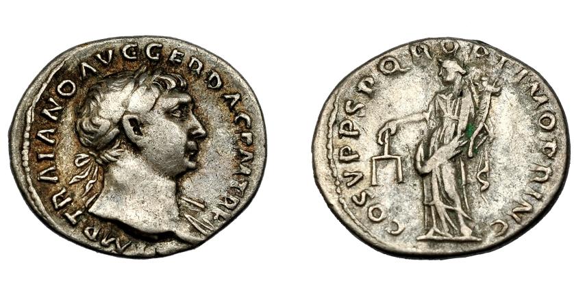 249   -  IMPERIO ROMANO. TRAJANO. Denario. Roma (103-111). A/ Cabeza laureada a der.; IMP TRAIANO AVG GER DAC P M TR P. R/ Aequitas a izq. con pátera y cornucopia; COS V P P SPQR OPTIMO PRINC. AR 3,35 g. 36,6 mm. RIC-118. MBC.