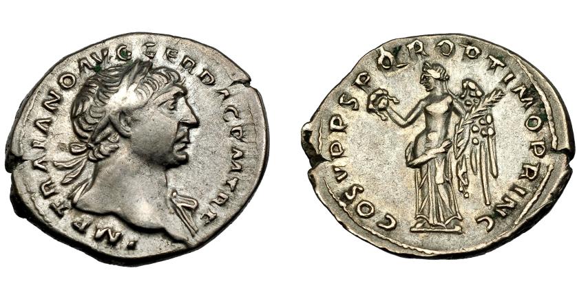 250   -  IMPERIO ROMANO. TRAJANO. Denario. Roma (107-111). A/ Busto laureado a der. y drapeado sobre el hombro izq.; IMP TRAIANO AVG GER DAC P M TR P. R/ Victoria de pie con cabeza a izq. con corona y palma; COS V P P S P Q R OPTIMO PRINC. AR 3,38 g. 20,3 mm. RIC-128. MBC/MBC+.