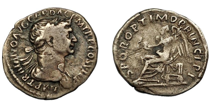 259   -  IMPERIO ROMANO. TRAJANO. Quinario. Roma (112-114). A/ Busto laureado y drapeado a der.; IMP TRAIANO AVG GER DAC P M TR P COS VI P P. R/ Victoria sentada a izq. con corona y palma; S P Q R OPTIMO PRINCIPI. AR 1,3 g. 15 mm. RIC-284. Hojitas sin saltar. BC+.