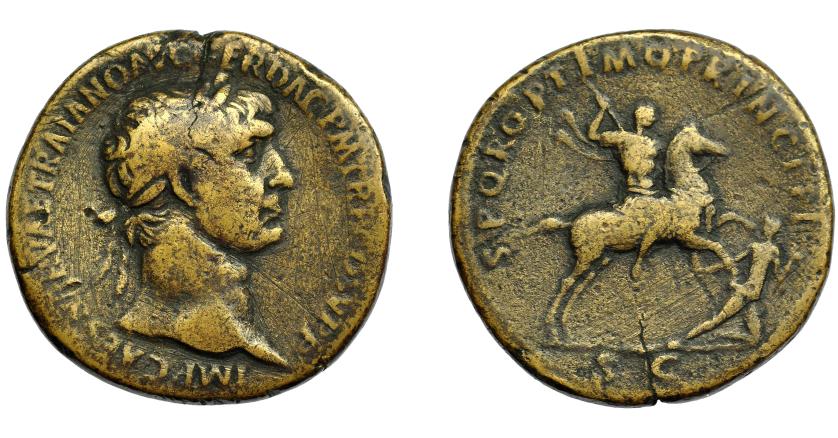 263   -  IMPERIO ROMANO. TRAJANO. Sestercio. Roma (103-111). A/ Cabeza laureada a der. R/ Trajano a caballo a der. alanceando cautivo dacio a sus pies; SPQR OPTIMO PRINCIPI, SC. AE 24,53 g. 47,7 mm.  RIC-543. Grieta y finas rayas. MBC-.