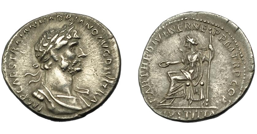 270   -  IMPERIO ROMANO. ADRIANO. Denario. Roma (117). A/ Busto laureado y acorazado a der. R/ Iustitia entronizada a der. con pátera y cetro; PARTH F DIVI NER NEP P M TR P COS, exergo IVSTITIA. AR 3,09 g. 19 mm. Pequeño vano en anv. MBC+.