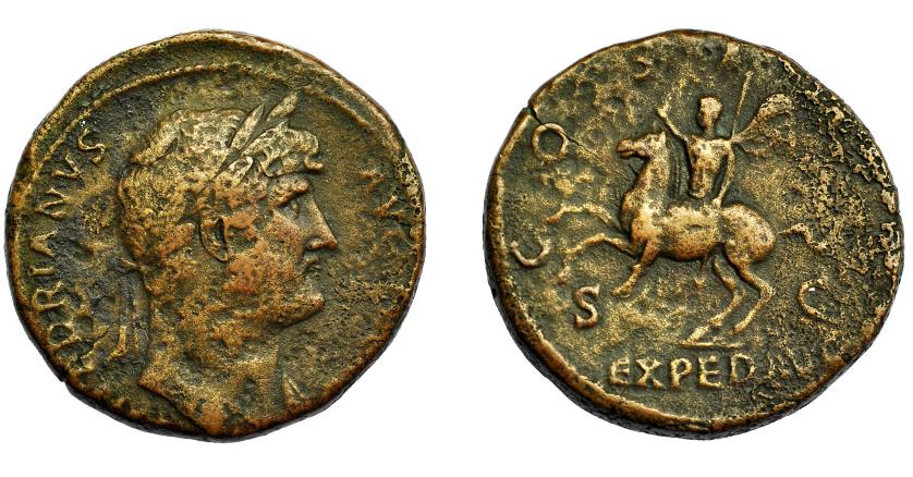 287   -  IMPERIO ROMANO. ADRIANO. Sestercio. Roma (124-125). A/ Cabeza laureada a der.; HADRIANVS AVG(VSTVS). R/ Adriano a caballo a izq.; COS (III), S-C, en exergo EXPED AVG. AE 26,87 g. 26 mm. RIC-7135. BC/BC+.