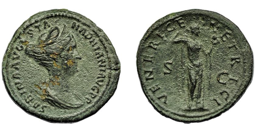 296   -  IMPERIO ROMANO. SABINA. Sestercio. Roma (136-138). A/ Busto drapeado y diademado a der.; SABINA AVGVSTA HADRIANI AVG P P. R/ Venus a der. con manzana y levantándose el vestido; VENERI GENETRICI, S-C. AE 20,31 g. 33,4 mm. RIC-2598. Pátina oscura con pequeñas erosiones. MBC-.