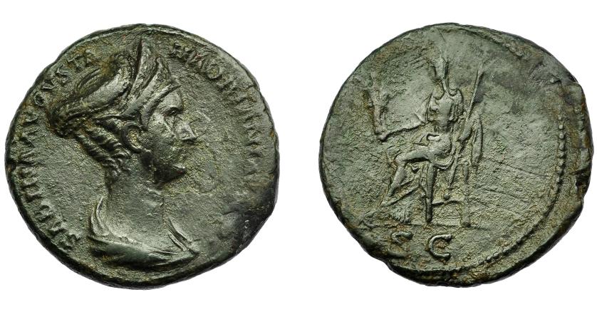 297   -  IMPERIO ROMANO. SABINA. As. Roma. A/ Busto drapeado con diadema doble a der. R/ Vesta sentada a izq. con cetro y palladium, en exergo SC. AE 10,28 g. 27,4 mm. Pequeñas marcas. Pátina oscura. MBC/MBC-.