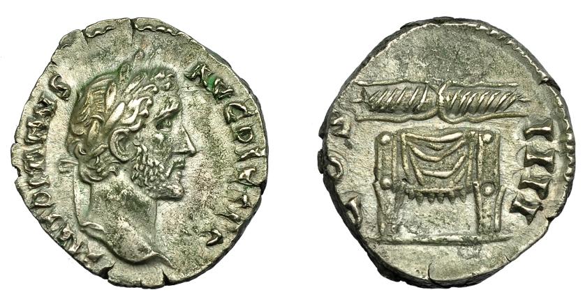 299   -  IMPERIO ROMANO. ANTONINO PÍO. Denario. Roma (145-161). A/ Cabeza laureada a der. R/ Trono drapeado con haz de rayos; COS IIII. AR 3,66 g. 17 mm. EBC/EBC-.