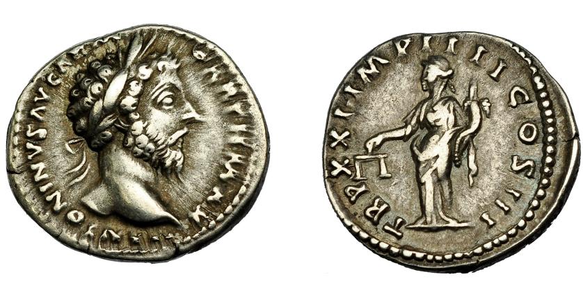 310   -  IMPERIO ROMANO. MARCO AURELIO. Denario. Roma (166-167). R/ Aequitas a izq. con balanza y cornucopia; TR P XXI IMP III COS III. Ar 3,40 g. 33,5 mm. RIC-171. MBC.