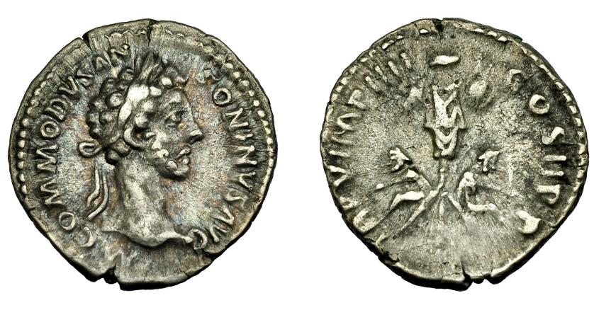 321   -  IMPERIO ROMANO. CÓMODO. Denario. Roma (180). A/ Cabeza laureada a der.; M COMMODVS ANTONINVS AVG. R/ Trofeo con dos prisioneros; TR P V IMP IIII COS II P P. AR 2,77 g. 178,3 mm. RIC-9a. Cospel abierto. MBC/MBC-.