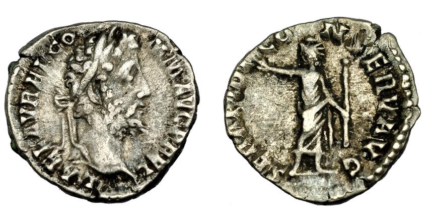 322   -  IMPERIO ROMANO. CÓMODO. Denario. Roma (192). A/ Cabeza laureada a der. R/ Serapis de frente con mano levantada y cetro; SERAPIDI CONSERV AVG. AR 2,33 g. 17 mm. RIC-261. MBC-.