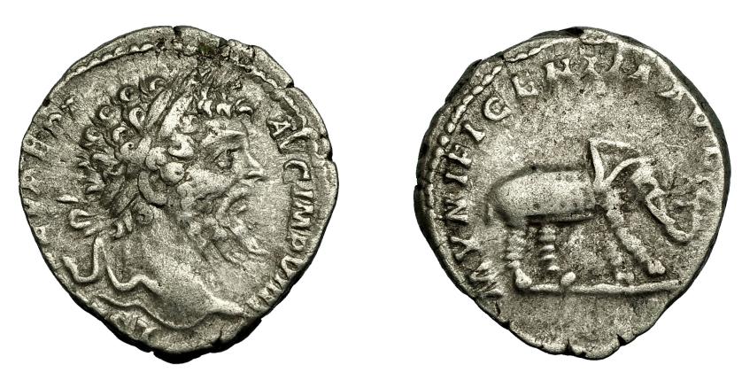 325   -  IMPERIO ROMANO. SEPTIMIO SEVERO. Denario. Roma (197). A/ Cabeza laureada a der. R/ Elefante acorazado avanzando a der.; MVNIFICENTIA AVG. AR 3,1 g. 17,5 mm. RIC-100. MBC-.