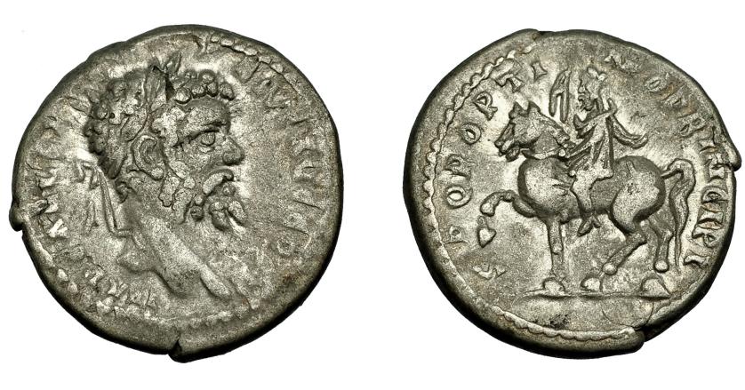 328   -  IMPERIO ROMANO. SEPTIMIO SEVERO. Denario. Emisa (194-195). A/ Cabeza laureada a der. R/ El emperador a caballo a izq.; SPQR OPTIMO PRINCIPI. AR 3,35 g. 17,2 mm. RIC-415. MBC-/MBC.