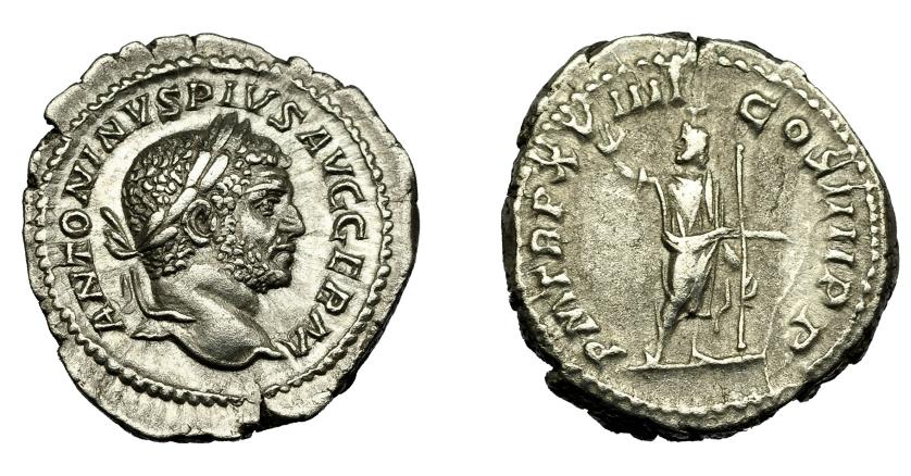 332   -  IMPERIO ROMANO. CARACALLA. Denario. Roma (215). A/ Cabeza laureada a der. R/ Serapis mirando a izq.; P M TR P XVIIII COS IIII P P. AR 3,7 g. 19 mm. EBC-/MBC.