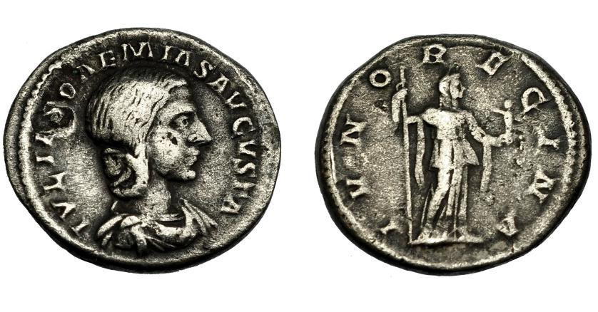 335   -  IMPERIO ROMANO. JULIA SOEMIAS (bajo Heliogábalo). Denario. Roma (218-222). R/ Juno a der. con cetro y palladium; IVNO REGINA. AR 2,95 g. 19 mm. RIC-237. MBC-/BC+.