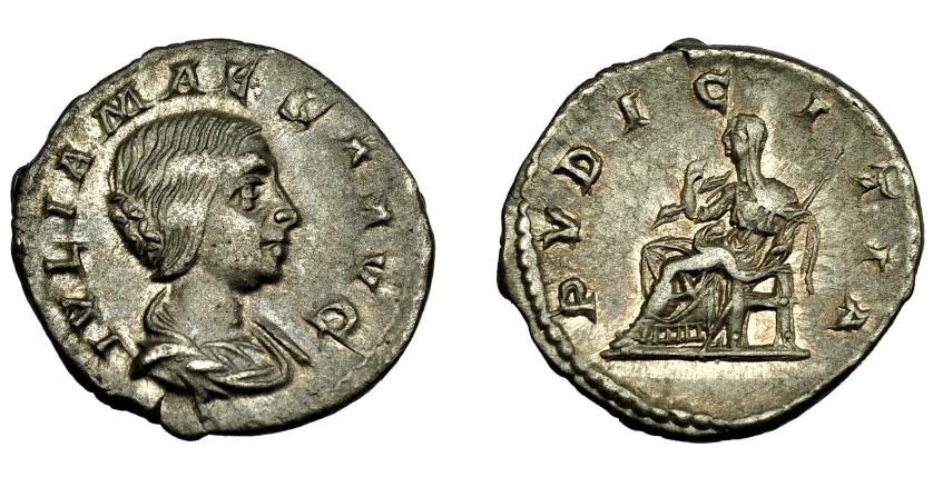 336   -  IMPERIO ROMANO. JULIA MAESA (bajo Heliogábalo). Denario. Roma (218-222). A/ Busto drapeado a der.; IVLIA MAESA AVG. R/ Pudicitia con cetro sentada a izq.; PVDICITIA. EBC-/MBC+.