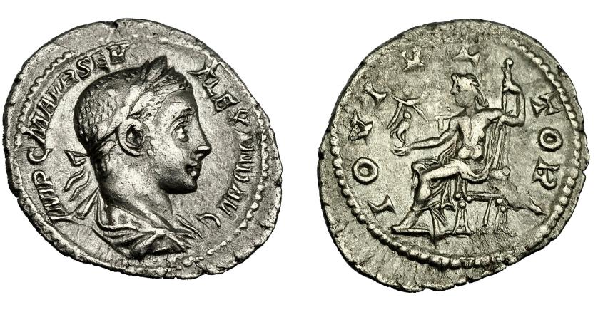 337   -  IMPERIO ROMANO. ALEJANDRO SEVERO. Denario. Roma (225). R/ Júpiter sentado a izq. con Victoria y cetro; IOVI VLTORI. AR 2,41 g. 20,9 mm. RIC-144. MBC.