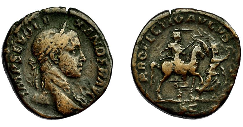 338   -  IMPERIO ROMANO. ALEJANDRO SEVERO. Sestercio. Roma (222-231). R/ Emperador a caballo a der., precedido por Victoria; PROFECTIO AVGVSTI, exergo SC. AE 20,20 g. 29,6 mm. Golpes en anv. y rev. MBC-. Rara.