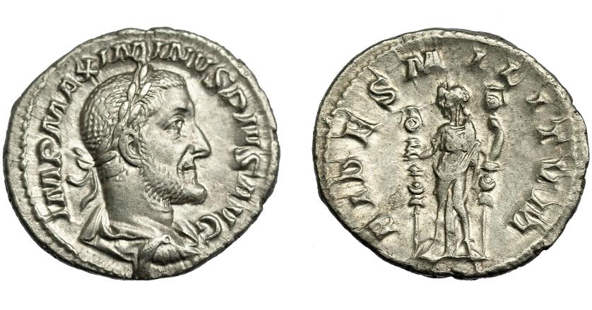 340   -  IMPERIO ROMANO. MAXIMINO I. Denario (235-236). A/ Busto laureado, acorazado y drapeado a der. R/ Fides con dos estandartes; FIDES MILITVM. AR 3,02 g. 19,7 mm. RIC-18A. EBC/EBC-.