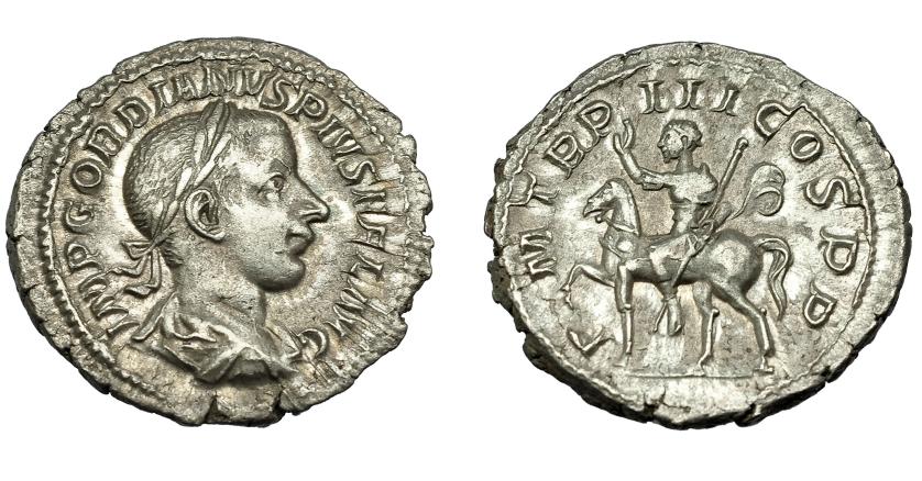 343   -  IMPERIO ROMANO. GORDIANO III. Denario. Roma (240). A/ Busto laureado, drapeado y acorazado a der. E/ El emperador a caballo a izq.; P M TR P III COS P P. AR 3,37 g. 20 mm. RIC-81. MBC+/EBC-. 