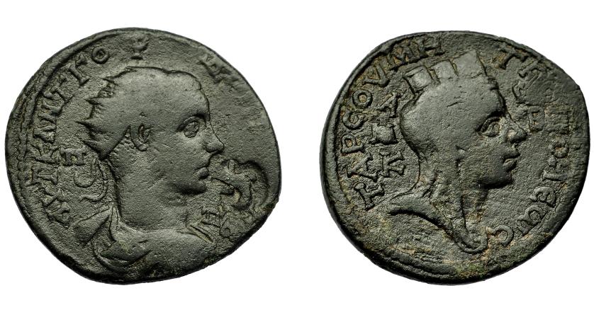 345   -  IMPERIO ROMANO. GORDIANO III. AE. Tarso (Cilicia) (post. 238). A/ Busto radiado y acorazado; AUT K ANT GORDIANOC CE, en campo P P. R/ Busto de Tyche a der.; TARCOV METR(O)POLEWC, en campo A/M/K-G/B. AE 19,79 g. 36,6 mm. RPC-VII.2 ID 3364. Contramarca en anv. Pátina oscura. BC+/MBC-. 