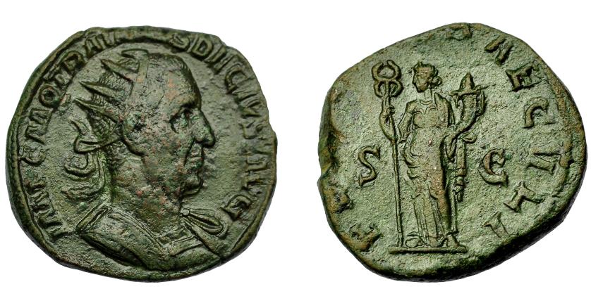 346   -  IMPERIO ROMANO. TRAJANO DECIO. Doble sestercio. Roma (249-251). A/ Busto radiado y acorazado a der.; IMP C M Q TRAIANVS DECIVS AVG. R/ Felicitas a izq. con caduceo y cornucopia; FE(LICITAS S)AECVLI, S-C. AE 24,56 g. 32,7 mm. Campos repasados. Pátina verde oscuro. MBC/MBC-. Escasa.