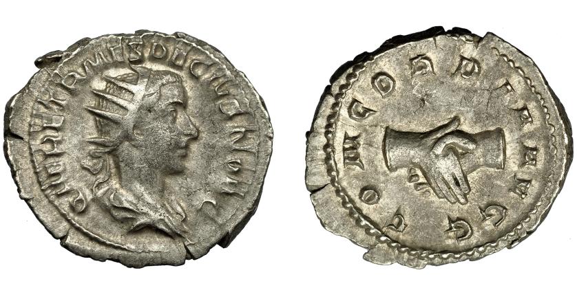 348   -  IMPERIO ROMANO. HERENIO ETRUSCO (bajo Trajano Decio). Antoniniano. Roma (250-251). A/ Busto radiado y drapeado a der. R/ Dos manos estrechadas; CONCORDIA AVGG. VE 4,23 g. 23,9 mm. RIC-138. MBC-/MBC+.