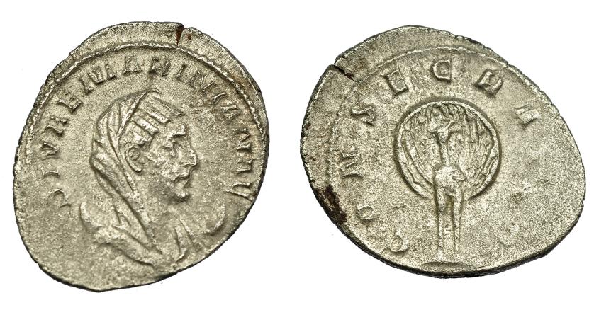 349   -  IMPERIO ROMANO. MARINIANA. Antoniniano. Roma (256-7). R/ Pavo real de frente; CONSECRA(TIO). VE 3,26 g. 23,9 mm. RIC-3. Superficie rugosa. Vanos. MBC+. Escasa.