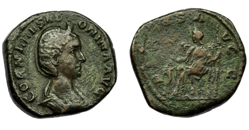 351   -  IMPERIO ROMANO. SALONINA. Sestercio. Roma (256-257). R/ Salonina sentada a izq. con cetro y delante tres niños; P(IETA)S AVGG, exergo SC. AE 19,2 mm. 27 mm. RIC-47. Pátina oscura. MBC-/BC.