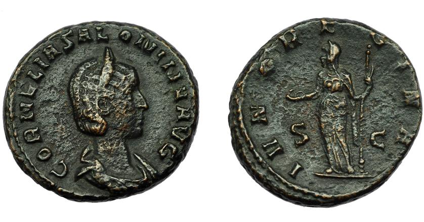 352   -  IMPERIO ROMANO. SALONINA. As. Roma (255-256). A/ Busto diademado y drapeado a der.; CORNELIA SALONINA ACG. R/ Juno a izq. con cetro y pátera; IVNO REGINA, S-C. AE 9,21 g. 22,6 mm. RIC-53. Porosidades. Pátina oscura. MBC.