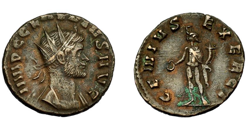 354   -  IMPERIO ROMANO. CLAUDIO II. Antoniniano. Roma (268-270). R/ Genio tocado con polos a izq., con pátera y cornucopia; GENIVS EXERCI. VE 3,1 g. 18,7 mm. RIC-48. Leve oxidación. MBC.