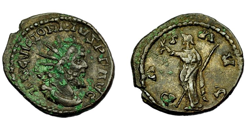 359   -  IMPERIO ROMANO. VICTORINO. Antoniniano. Sur de la Galia (269-271). A/ IMP C VICTORINVS P F AVG. R/ Pax a izq. con rama de olivo y cetro; PA AVG. VE 3,61 g. 19,7 mm. RIC-55. Concreciones en anv. MBC.