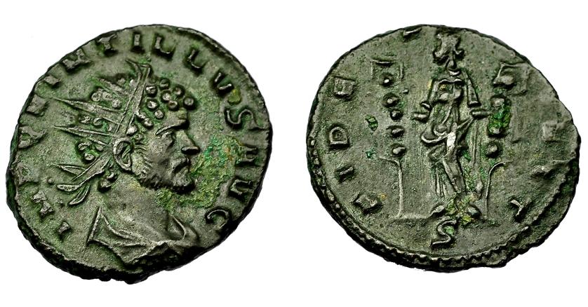 360   -  IMPERIO ROMANO. QUINTILO. Antoniniano. Mediolanum (270). A/ Busto radiado y acorazado a der.; IMP QVINTILLVS AVG. R/ Fides con dos signa; FIDES (MIL)IT, en exergo S. VE 3,08 g. 19,8 mm. RIC-52. MBC+.