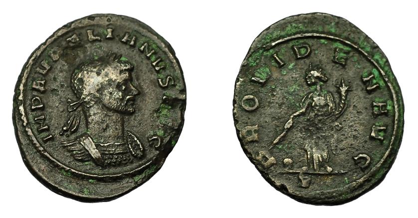 361   -  IMPERIO ROMANO. AURELIANO. Denario. Roma (270-275). A/ Busto laureado y acorazado a der.; IMP AVRELIANVS AVG. R/ Providentia a izq. con vara, cornucopia y globo a sus pies; PROVIDEN AVG. AR 2,21 g. 20 mm. RIC-69. Erosiones. BC+. Muy escasa.