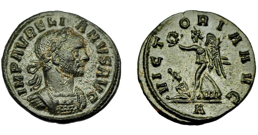 362   -  IMPERIO ROMANO. AURELIANO. Denario. Roma (270-275). A/ Busto laureado y acorazado a der. R/ Victoria avanzando a izq. con corona y palma, a sus pies cautivo; VICTORIA AVG. AR 2,24 g. 18,9 mm. RIC-73. Pátina oscura. MBC/EBC-.