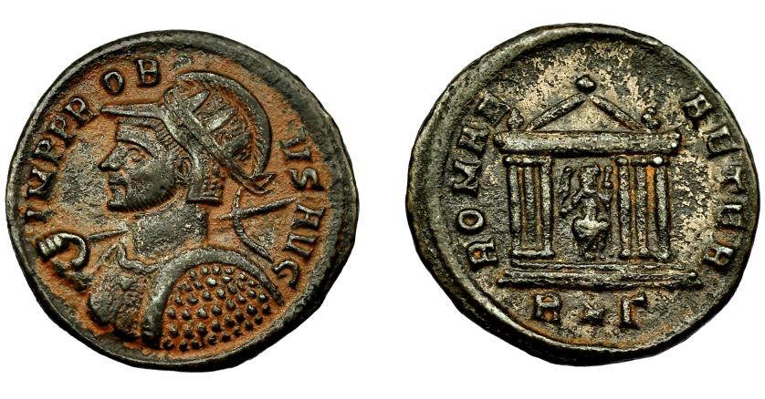 368   -  IMPERIO ROMANO. PROBO. Antoniniano. Roma (276-282). R/ Templo hexástilo con Roma sentada en el centro; ROMAE AETER; exergo R*P. VE 3,67 g. 20,7 mm. RIC-184. MBC.