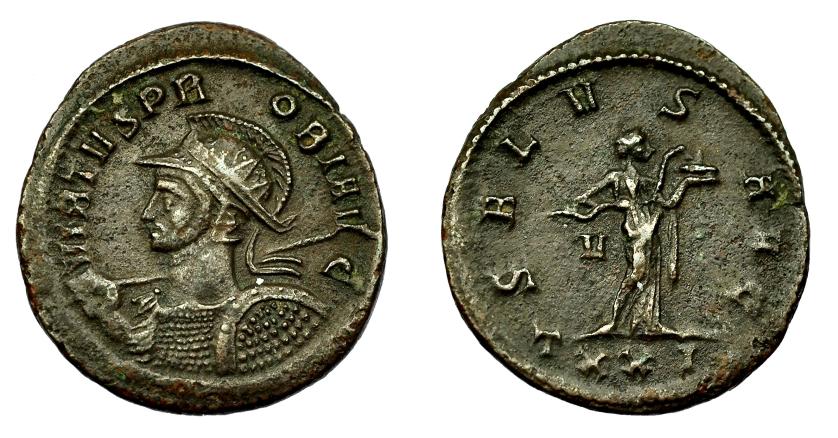 370   -  IMPERIO ROMANO. PROBO. Antoniniano. Ticinum (276-282). R/ Salus a der. alimentando serpiente; V/TXXI. VE 3,5 g. 21,5 mm. RIC-500. MBC.