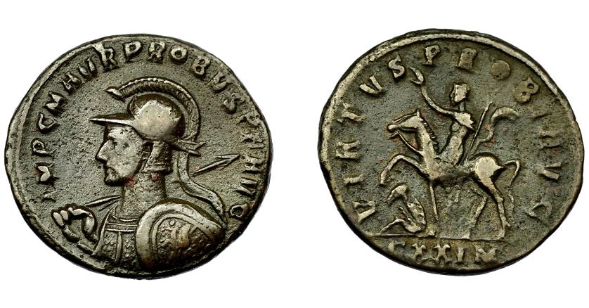 372   -  IMPERIO ROMANO. PROBO. Antoniniano. Cyzicus (276-282). R/ Probo a caballo a izq., a sus pies cautivo; VIRTVS PROBI AVG, exergo CXXIM. VE 3,73 g. 19,8 mm. RIC-913 vte. MBC-.