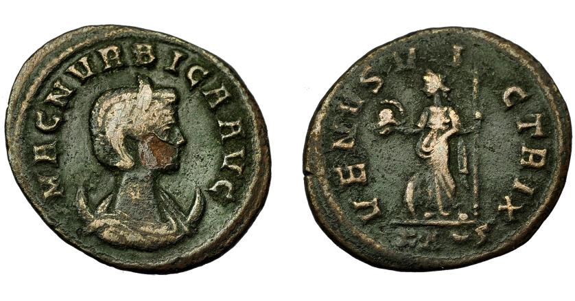 374   -  IMPERIO ROMANO. MAGNIA URBICA (bajo Caro). Antoniniano. Roma (283-285). R/ Venus a izq. con casco, cetro y a los pies escudo; VENVS VICTRIX; exergo KA creciente S. VE 3,14 g. 22,2 mm. RIC-343. Hoja en anv. BC+. Escasa.