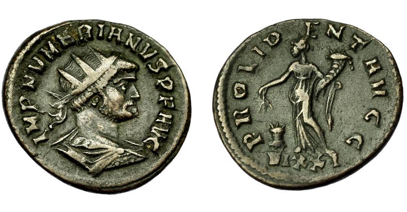 377   -  IMPERIO ROMANO. NUMERIANO. Antoniniano. Ticinum (283-284). R/ Providentia a izq. con cornucopia y espigas, delante modio; PROVIDENT AVGG, VIXXI. VE 3,68 g. 22 mm. RIC-447. MBC.