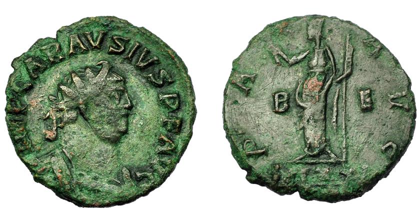 379   -  IMPERIO ROMANO. CARAUSIO. Antoniniano. Londinium (286-293). R/ Pax a izq. con rama de olivo y cetro; PAX AVG, B-E/(M)LXXI. VE 4,19 g. 22 mm. RIC-101. Campos repasados. BC+/MBC-.