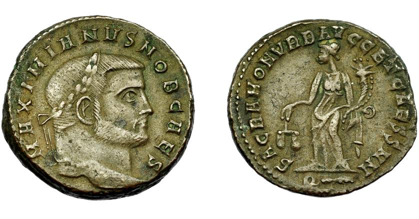 383   -  IMPERIO ROMANO. GALERIO MAXIMIANO. Follis. R/ Moneta a izq. con balanza y cornucopia; SACRA MON VRB AVGG ET CAESS NN, exergo Q (rayo). AE 10,23 g. 24,9 mm. RIC-102b. MBC+.