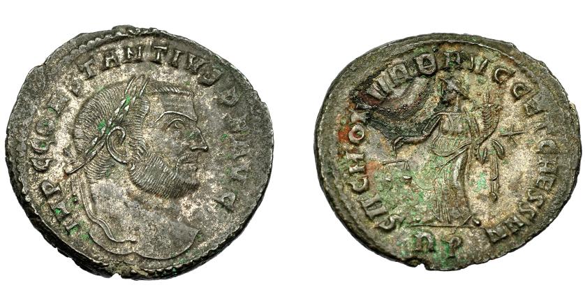 385   -  IMPERIO ROMANO. CONSTANCIO I. Follis. Roma (305). R/ Moneta a izq. con balanza y cornucopia; SAC MON VRB AVGG ET CAESS N N, -*/RP. AE 8,51 g. 29,7 mm. RCI-121. Oxidaciones. R.B.O. EBC-. 