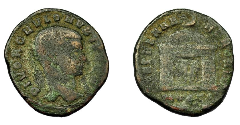 386   -  IMPERIO ROMANO. RÓMULO. Follis. Ostia (309-312). A/ Cabeza a der.; DIVO ROMVLO N V BIS CONS. R/ Capilla abovedada con puertas entreabiertas, encima pájaro; AETERNAE (MEMORIAE), poco visible, exergo MOSTS. AE 4,88 g. 22,5 mm. RIC-34. BC. Escasa.