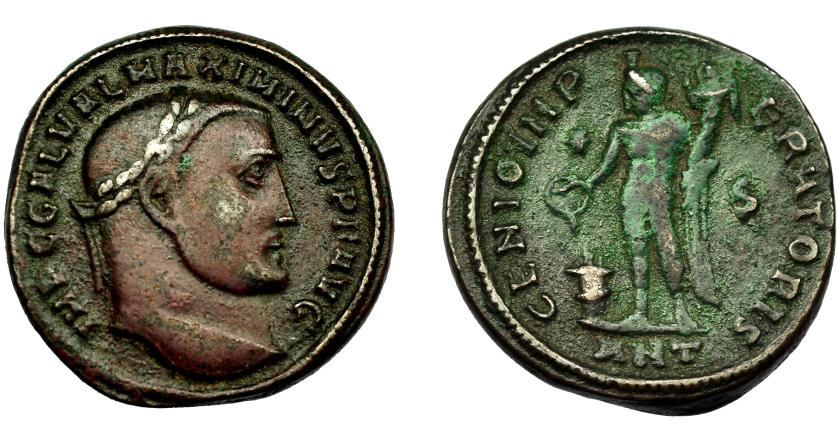 387   -  IMPERIO ROMANO. MAXIMINO II. Follis. Antioquia (310). R/ Genius a izq. con cornucopia y ofrendando con pátera sobre altar; GENIO IMPERATORIS *-S/ANT. AE 6,92 g. 21,5 mm. RIC-133a. MBC-.