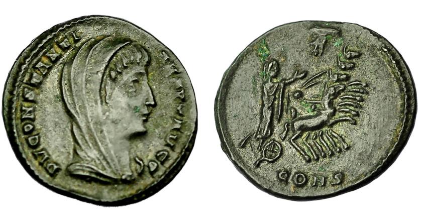 390   -  IMPERIO ROMANO. CONSTANTINO. Follis. Constantinopolis (337-340). A/ Cabeza velada a der.; D V CONSTANTINVS P T AVGG. R/ Emperador en cuadriga a der., encima mano de Dios, exergo CONS. AE 7,66 g. 16,5 mm. RIC-37. EBC-.