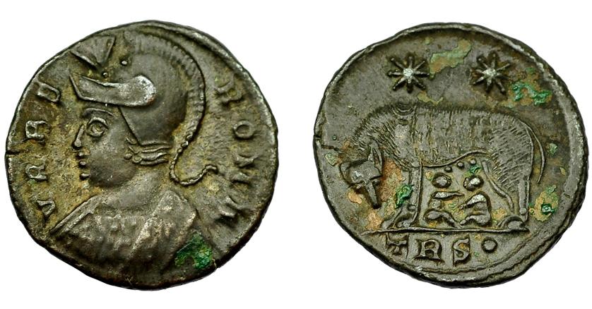 392   -  IMPERIO ROMANO. CONSTANTINO. Follis. Treveris (330-331). A/ Roma a izq.; VRBS ROMA. R/ Loba a izq.; exergo TRS. AE 1,95 g. 15,8 mm. RIC-529. MBC+.